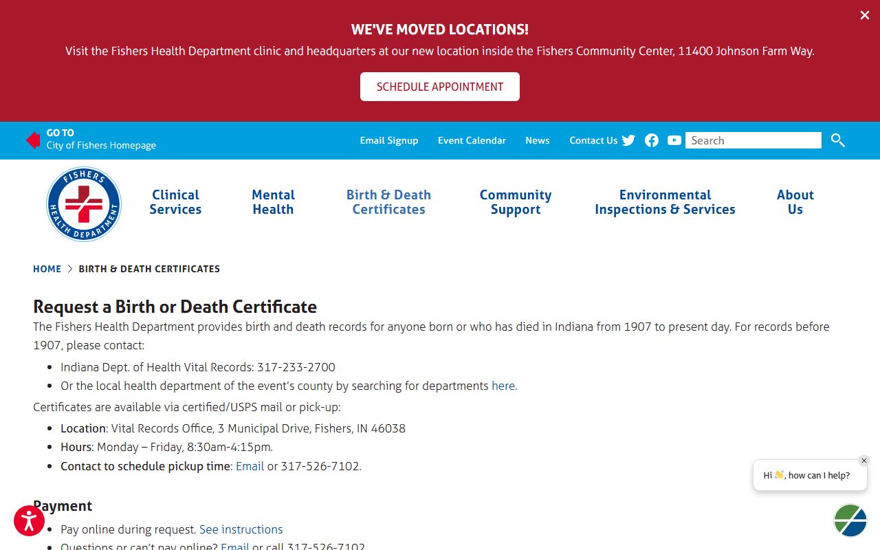 Fishers Health Department online birth death certificate request