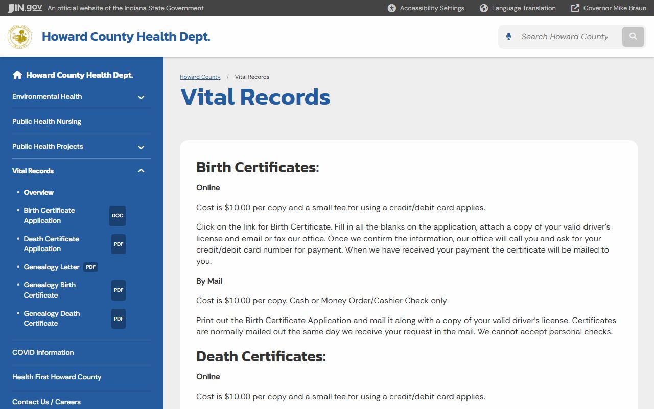 Howard County Health Department vital records Kokomo Indiana genealogy