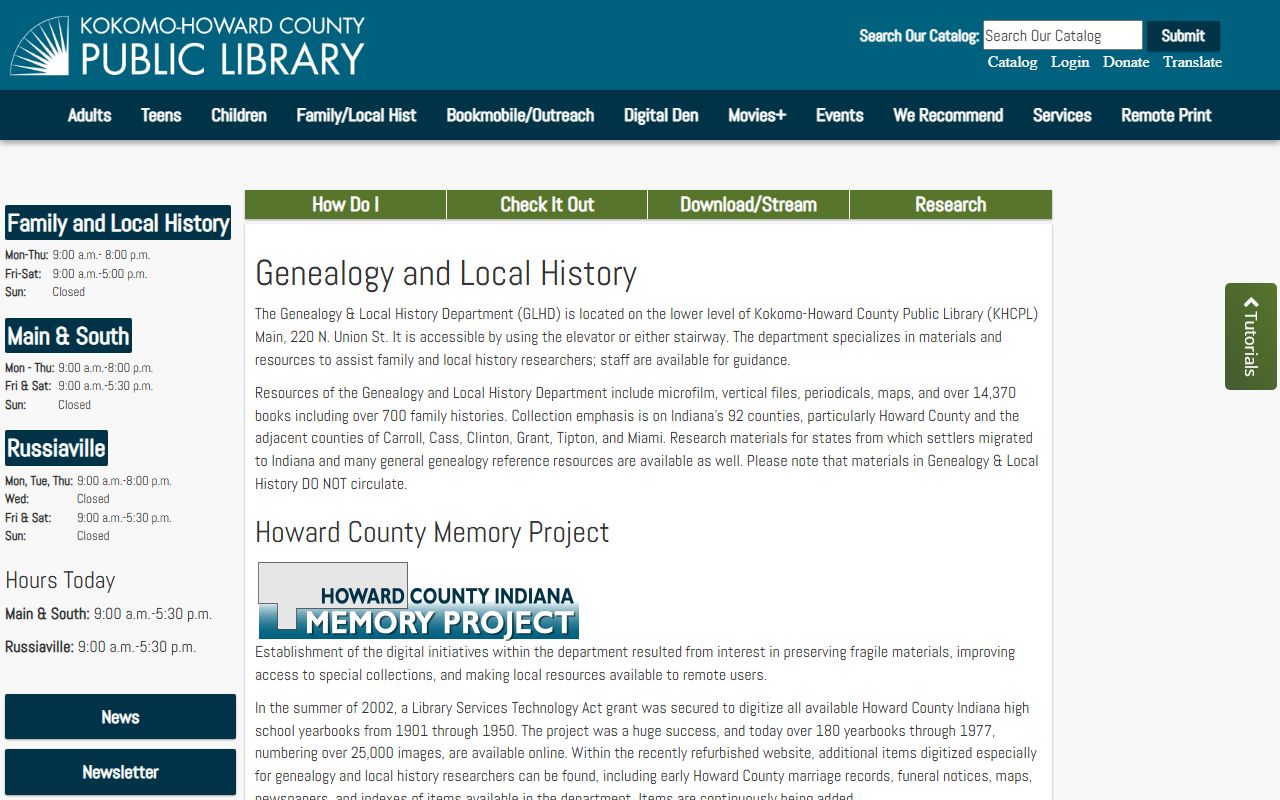 Kokomo Howard County Public Library family history genealogy collection