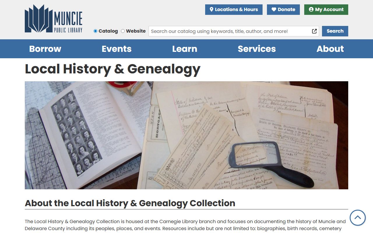 Muncie Public Library local history genealogy collection Delaware County