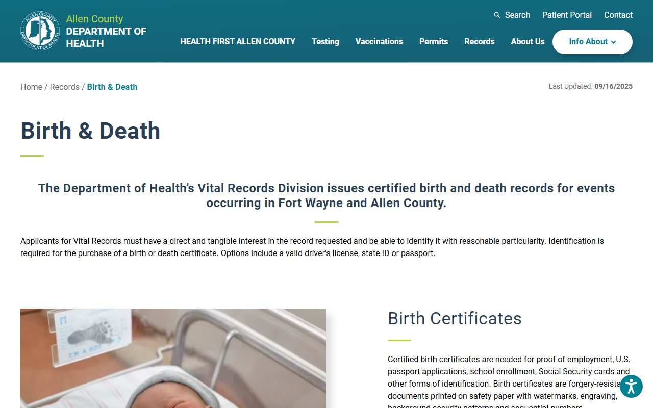 Allen County Health Department vital records page for genealogy records