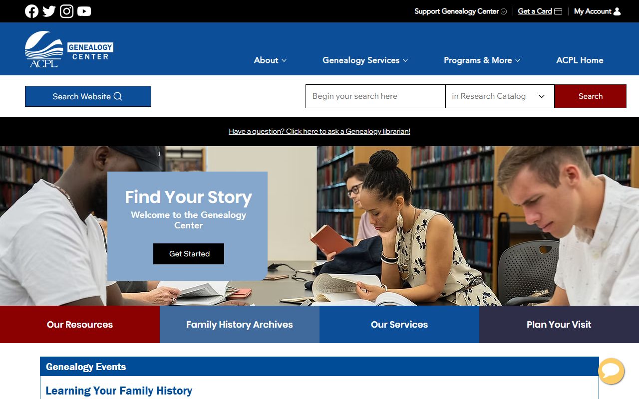 Allen County Public Library Genealogy Center webpage for family history research