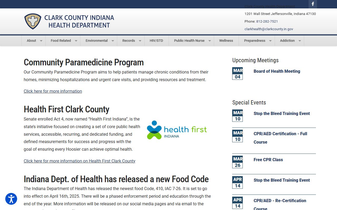 Clark County Health Department website showing vital records and genealogy services in Jeffersonville