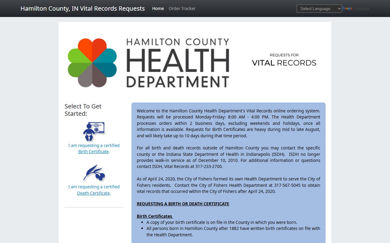 hamilton county online vital records ordering portal for genealogy research