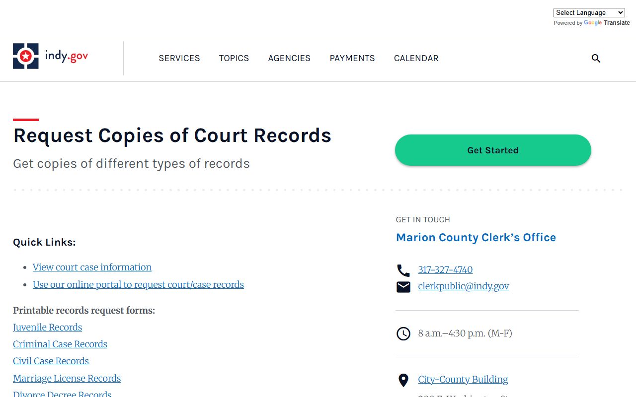 Marion County court records request page for genealogy