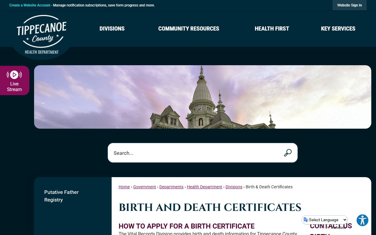 Tippecanoe County Health Department vital records page for genealogy records