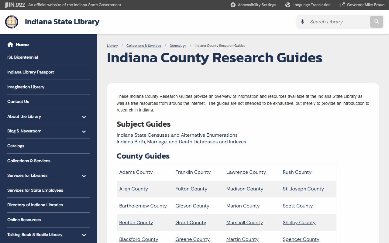 Indiana county research guides from the State Library for genealogy searches