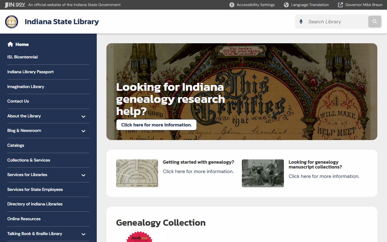 Indiana State Library Genealogy Collection page for family history and genealogy records