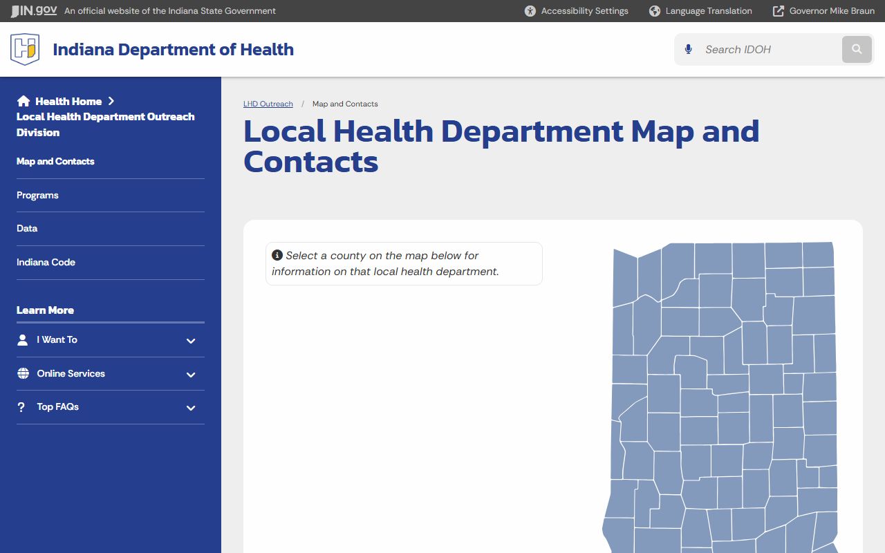 Indiana local health department map for locating county genealogy record offices